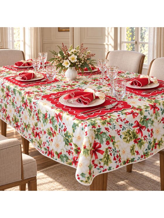 Roseberry Home Roseberry Home Obrus świąteczny z motywem ostrokrzewu i kokard Very Holly Christmas Czerwony