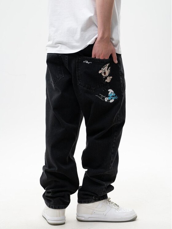 Smerfy Smerfy Jeansy Spodnie Jeansowe Baggy Męskie Czarne Smerfy Gargamel Pocket XXL Czarny Baggy Fit