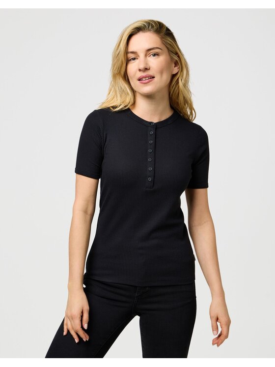 Wrangler Wrangler T-Shirt FEMME KNIT HENLEY Czarny Slim Fit