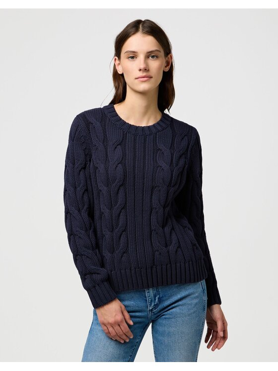 Wrangler Wrangler Sweter CABLE KNIT CREW Niebieski Regular Fit