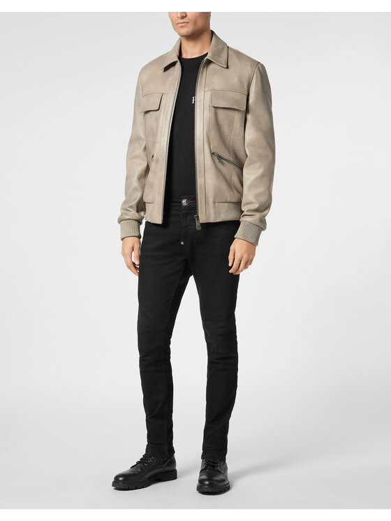 PHILIPP PLEIN PHILIPP PLEIN Kurtka skórzana 21123 Beżowy Regular Fit