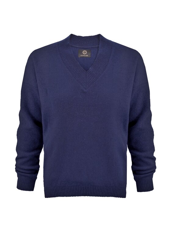 Entelier Entelier Sweter kaszmir dekolt w serek Granatowy Relaxed Fit