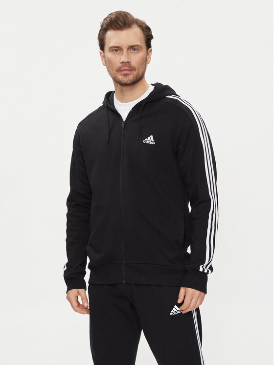 adidas Džemperis ar kapuci Essentials French Terry 3-Stripes Full-Zip Hoodie IC0433 Melns Regular Fit