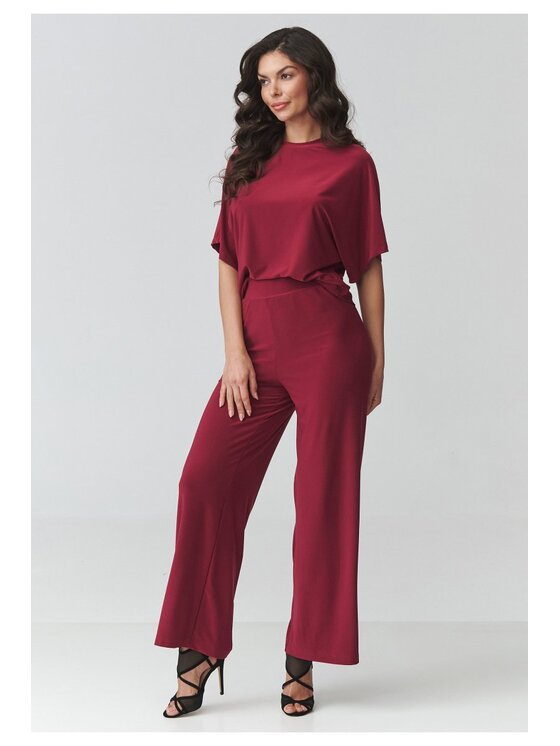 Makadamia Makadamia Komplet bluzka i spodnie M940 Bordowy Loose Fit