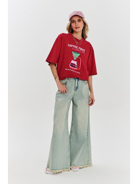 NAOKO NAOKO T-Shirt Coffee First Bordowy Regular Fit