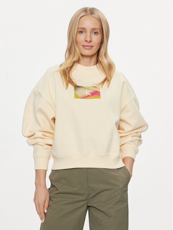 Calvin Klein Jeans Sweatshirt Illuminated Box Logo Crew Neck J20J222897  Écru Regular Fit | Sweatshirts