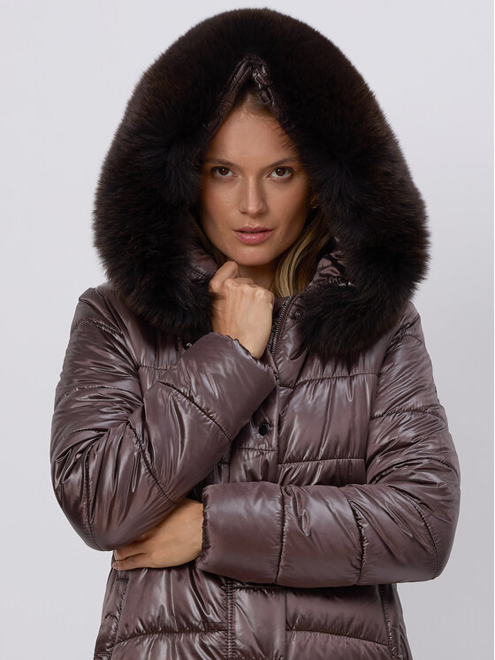 FAN LEATHER Fan Leather Kurtka puchowa Puchowa z Kapturem Brązowy Waisted Fit