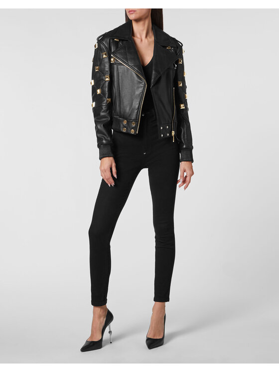 PHILIPP PLEIN PHILIPP PLEIN Kurtka skórzana 2219 Czarny Slim Fit