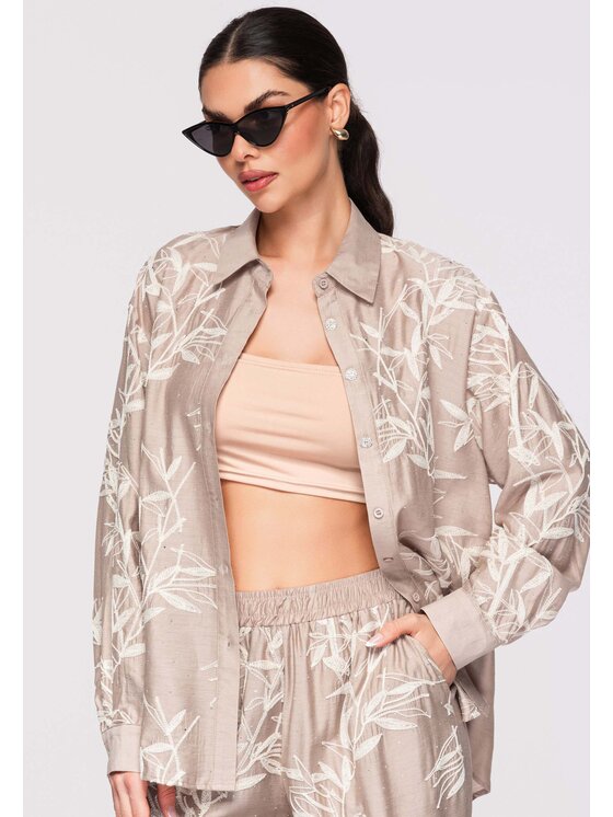 Ombre Ombre Koszula OW-SH-E0016 Beżowy Loose Fit
