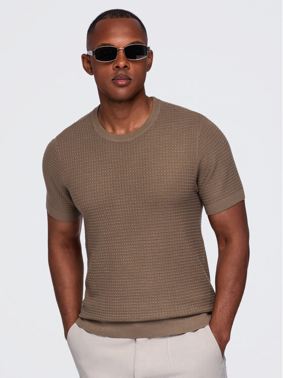 Ombre Ombre T-Shirt OM-TSCT-0303 Brązowy Slim Fit