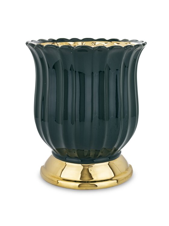 MIAhome MIAhome Osłonka ceramiczna zielono-złota 24,5x21,5 cm CASTEL-I na podstawce Zielony