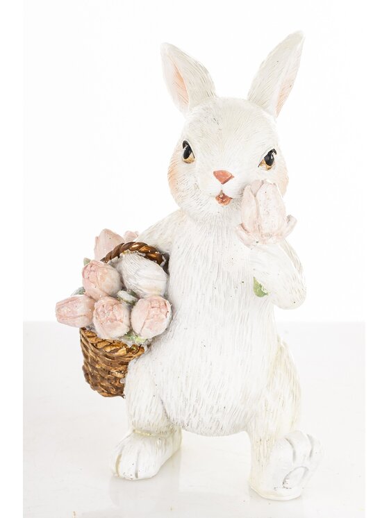 MIAhome MIAhome Figurka królik z koszykiem różowych tulipanów Biały