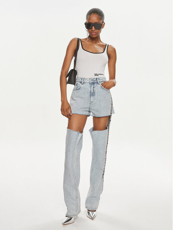 Jeans Karl Lagerfeld Donna Slim Vita Media Con Spacco – Denim Grigio Chiaro, Modello KLJ - 5