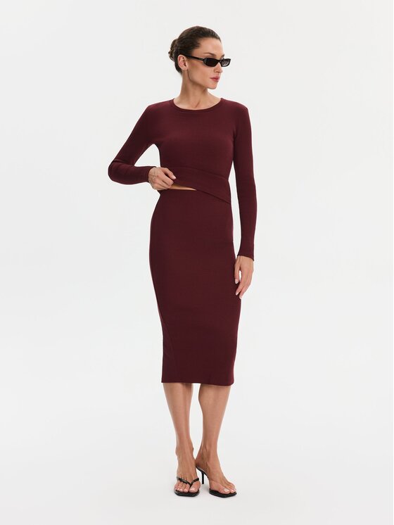 Nudyess Nudyess Spódnica midi Tremity z prążka Bordowy Slim Fit