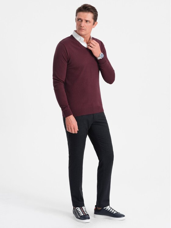 Ombre Ombre Sweter OM-SWSW-0102 Bordowy Regular Fit