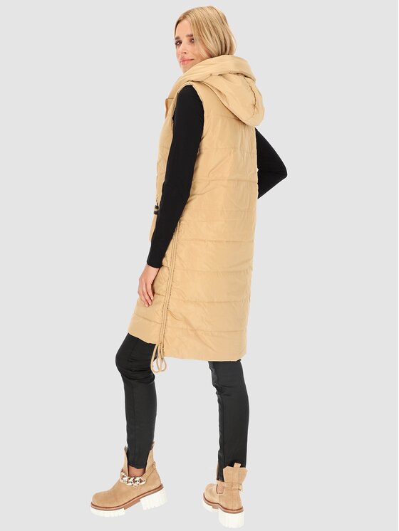 Perso Perso Bezrękawnik długa ocieplana z kapturem Beżowy Regular Fit