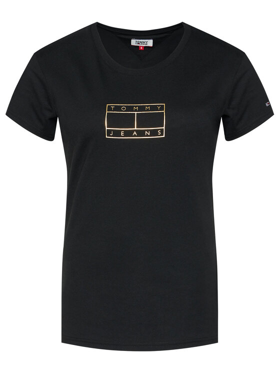 Tommy Jeans Marškinėliai Tjw Metallic Outline Flag DW0DW08473 Juoda Regular  Fit • Modivo.lt