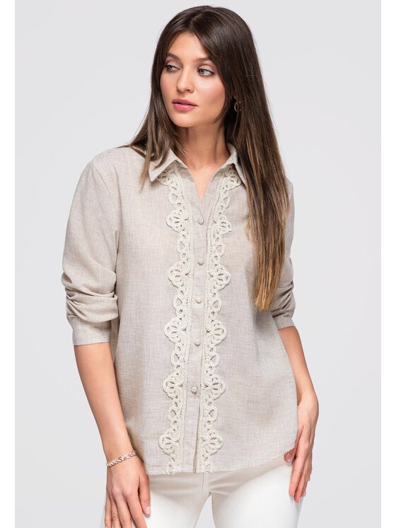Ombre Ombre Koszula OW-SH-E0055 Beżowy Loose Fit
