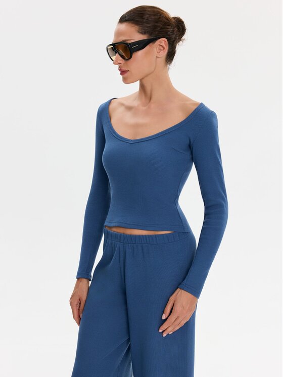 Nudyess Nudyess Top Alba z prążka Niebieski Slim Fit