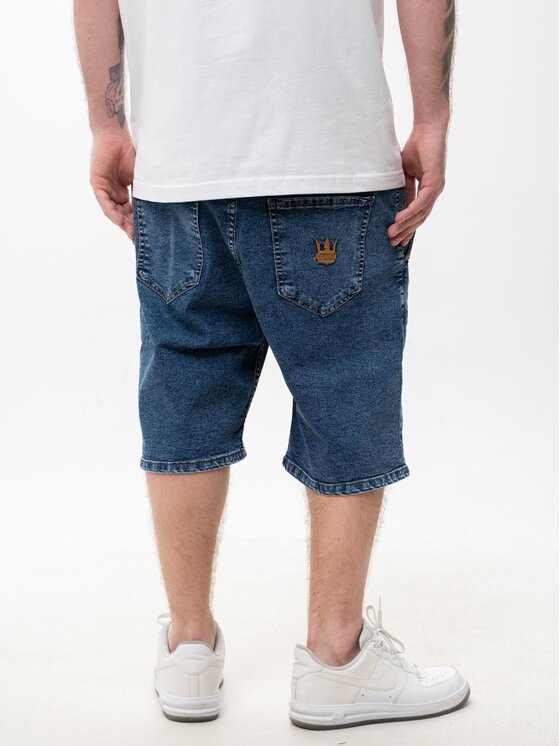 Szorty jeansowe, rozmiar M, Niebieskie, Krótkie Spodenki Jeansowe Baggy Męskie Ciemne Niebieskiee / Złote Jigga Wear Crown XXL
