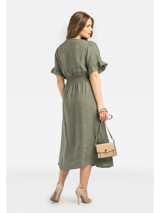 Perso Perso Sukienka codzienna lniana z guzikami Khaki Regular Fit