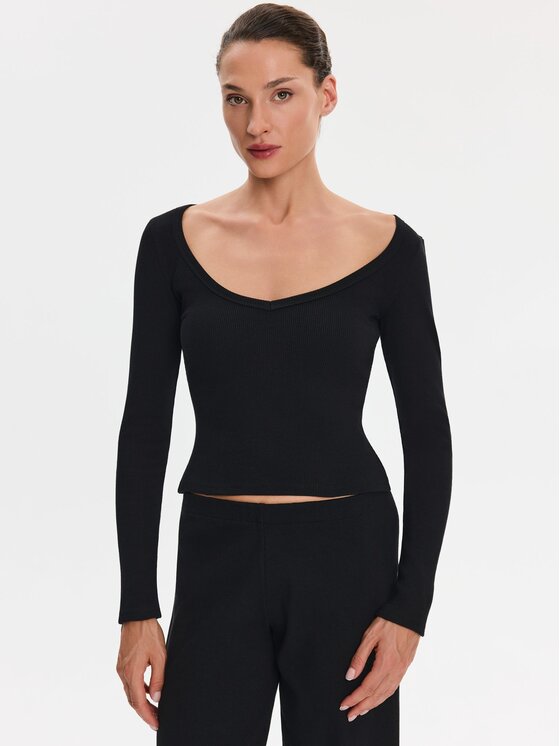 Nudyess Nudyess Top Alba z prążka Czarny Slim Fit