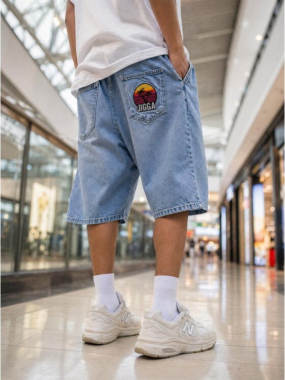 Jigga Wear Jigga Wear Szorty jeansowe Szerokie luźne za duże bagy palmy zachód słońca 130781 Niebieski Baggy Fit