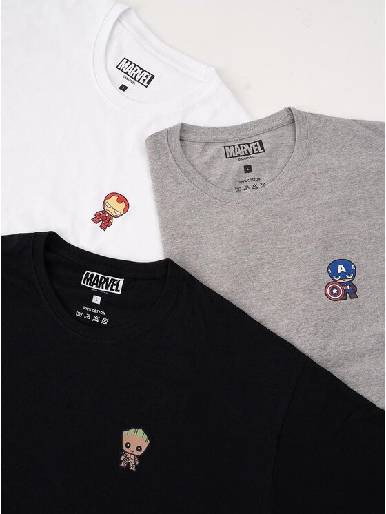Marvel Marvel T-Shirt Zestaw 3 Koszulek Iron Man Groot Kapitan Ameryka Mini Characters L Czarny Regular Fit
