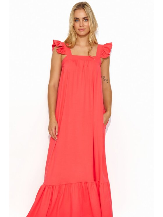Makadamia Makadamia Sukienka letnia M817 Koralowy Loose Fit
