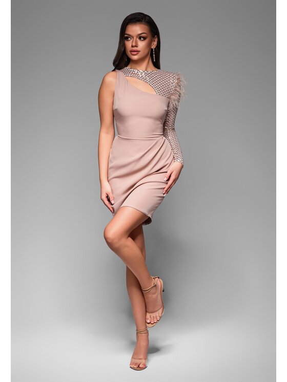 Ombre Ombre Sukienka koktajlowa LA-OM-DLR034 Beżowy Regular Fit