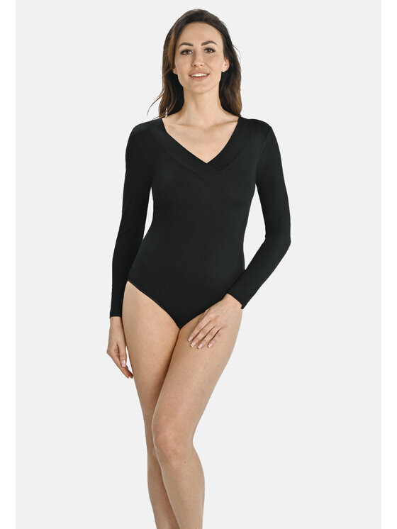 Teyli Teyli Body klasyczne z dekoltem w serek Ossie Czarny Regular Fit