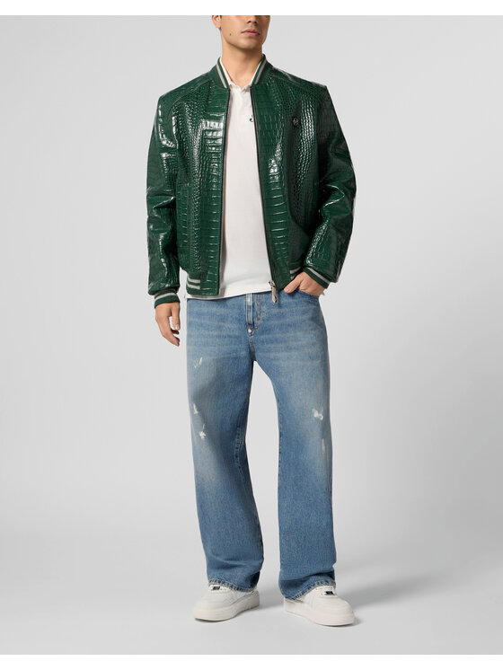 PHILIPP PLEIN PHILIPP PLEIN Kurtka skórzana 29073 Zielony Regular Fit