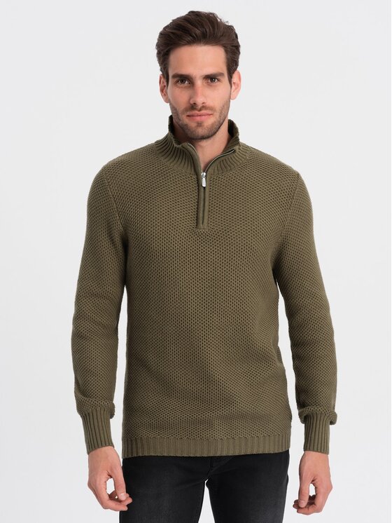 Ombre Ombre Sweter OM-SWZS-0105 Khaki Regular Fit