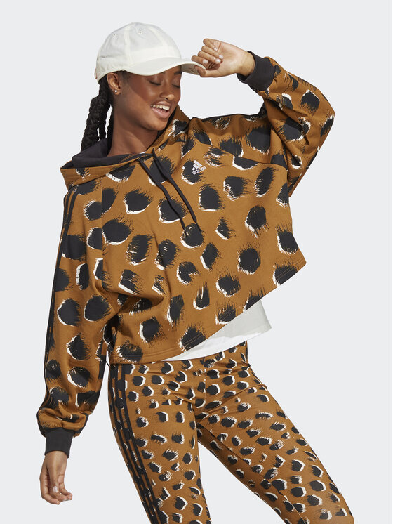adidas adidas Суитшърт Essentials 3-Stripes Animal Print Hoodie IC8686 Кафяв Loose Fit