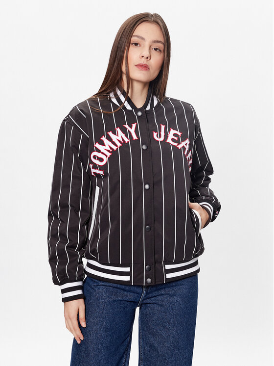 Női Bomber dzseki Tommy Jeans, Méret: M, Fekete, Pinstripe Letterman DW0DW15336