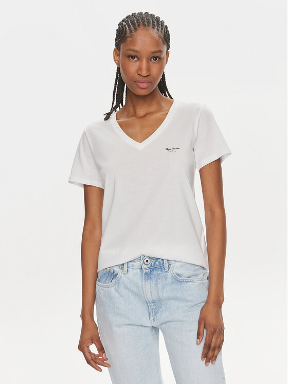 Pepe Jeans Tricou Lorette V Neck PL505826 Alb Regular Fit