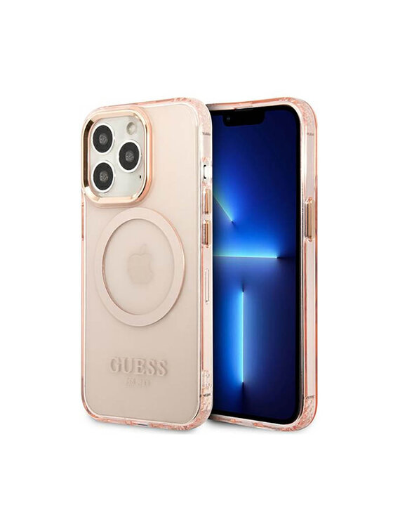 Etui na telefon Guess, Różowe, Gold Outline Translucent MagSafe
