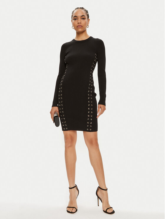 MICHAEL Michael Kors MICHAEL Michael Kors Úpletové šaty Ribbed Stretch Knit Lace-Up MT482FQ5ZV Černá Slim Fit