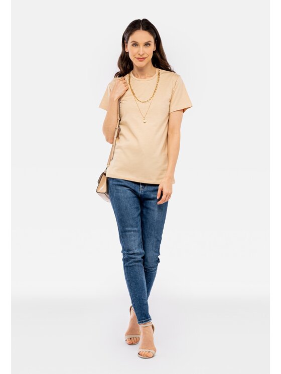 Perso Perso T-Shirt z naszyjnikiem z perłą Beżowy Slim Fit