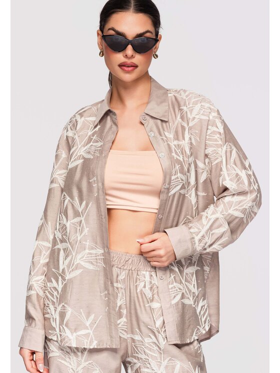 Ombre Ombre Koszula OW-SH-E0016 Beżowy Loose Fit