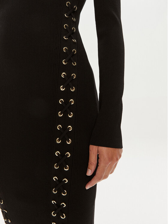 MICHAEL Michael Kors MICHAEL Michael Kors Džemper haljina Ribbed Stretch Knit Lace-Up MT482FQ5ZV Crna Slim Fit