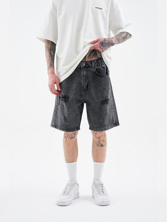 MyStars MyStars Szorty jeansowe Krótkie Spodenki Jeansowe Z Uszkodzeniami Męskie Ciemne Szare MyStars Black Basic 29 Czarny Loose Fit