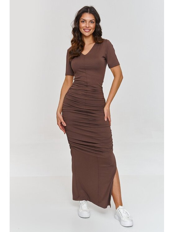 Makadamia Makadamia Sukienka codzienna M872 Brązowy Cutted Fit