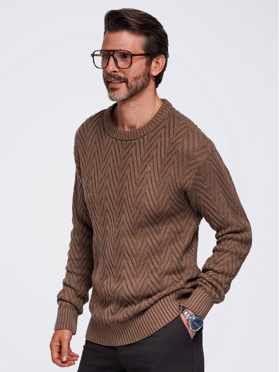 Ombre Ombre Sweter OM-SWSW-0190 Brązowy ciemny Regular Fit