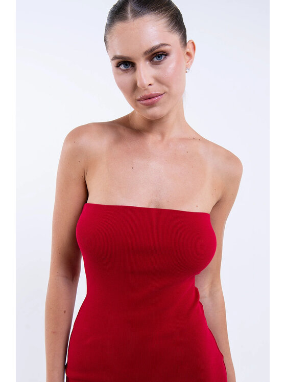 Nudyess Nudyess Sukienka dzianinowa Melrose Midi z prążka Czerwony Fitted Fit