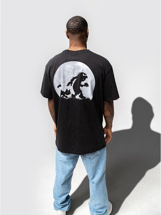 Smerfy Smerfy T-Shirt Koszulka Z Krótkim Rękawem Oversize Męska Sprana Czarna Smerfy Full Moon XL Czarny Oversize