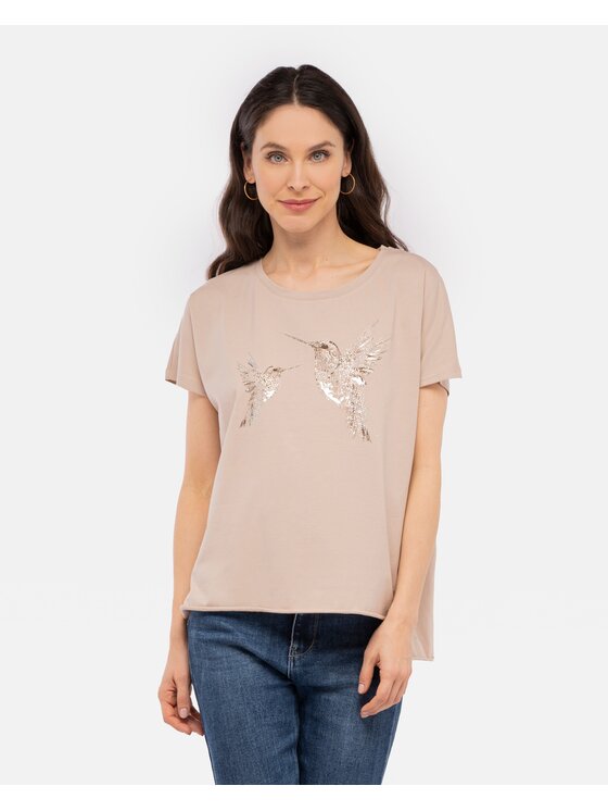Perso Perso T-Shirt z błyszczącym nadrukiem Beżowy Regular Fit