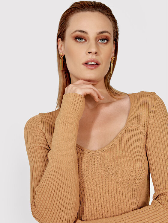 Simple Simple Úpletové šaty SUD022 Hnedá Slim Fit