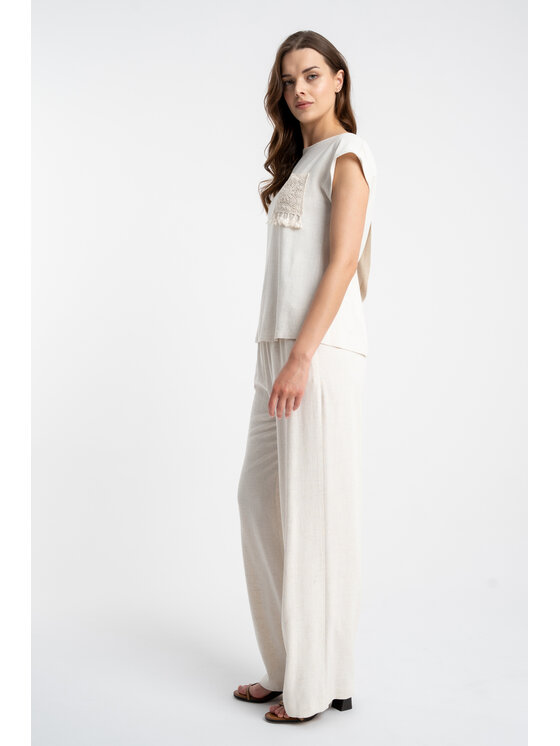 CLICK CLICK Kalhoty z materiálu 30-353 Světle béžová Loose Fit