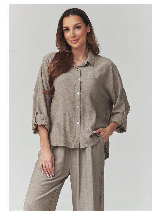 Makadamia Makadamia Komplet koszula i spodnie materiałowe C49 Brązowy Loose Fit